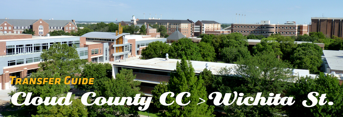 Image of WSU Campus with Banner of text stating Transfer Guide from Cloud County CC to Wichita State