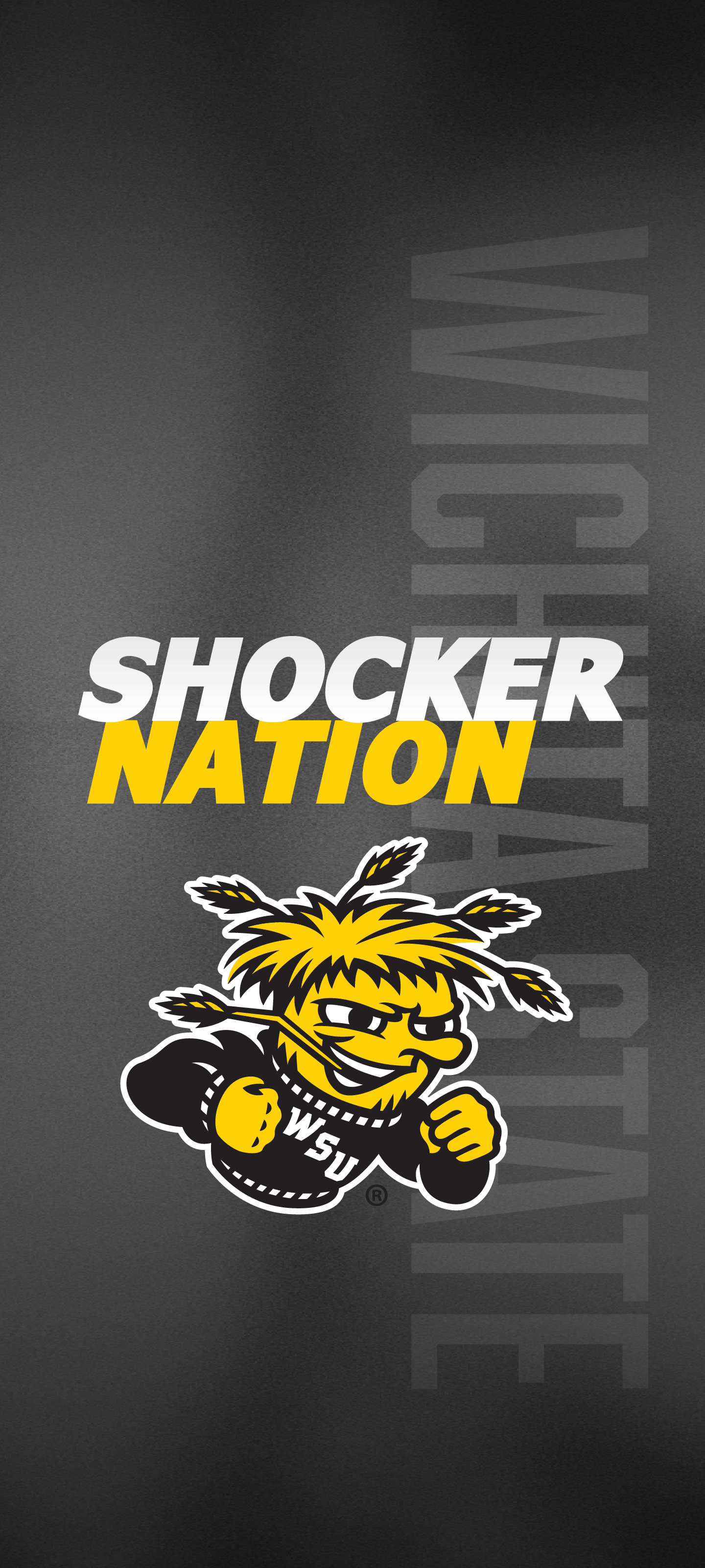 Phone wallpaper featuring WuShock on a gray background with the words: Wichita State Shocker Nation.