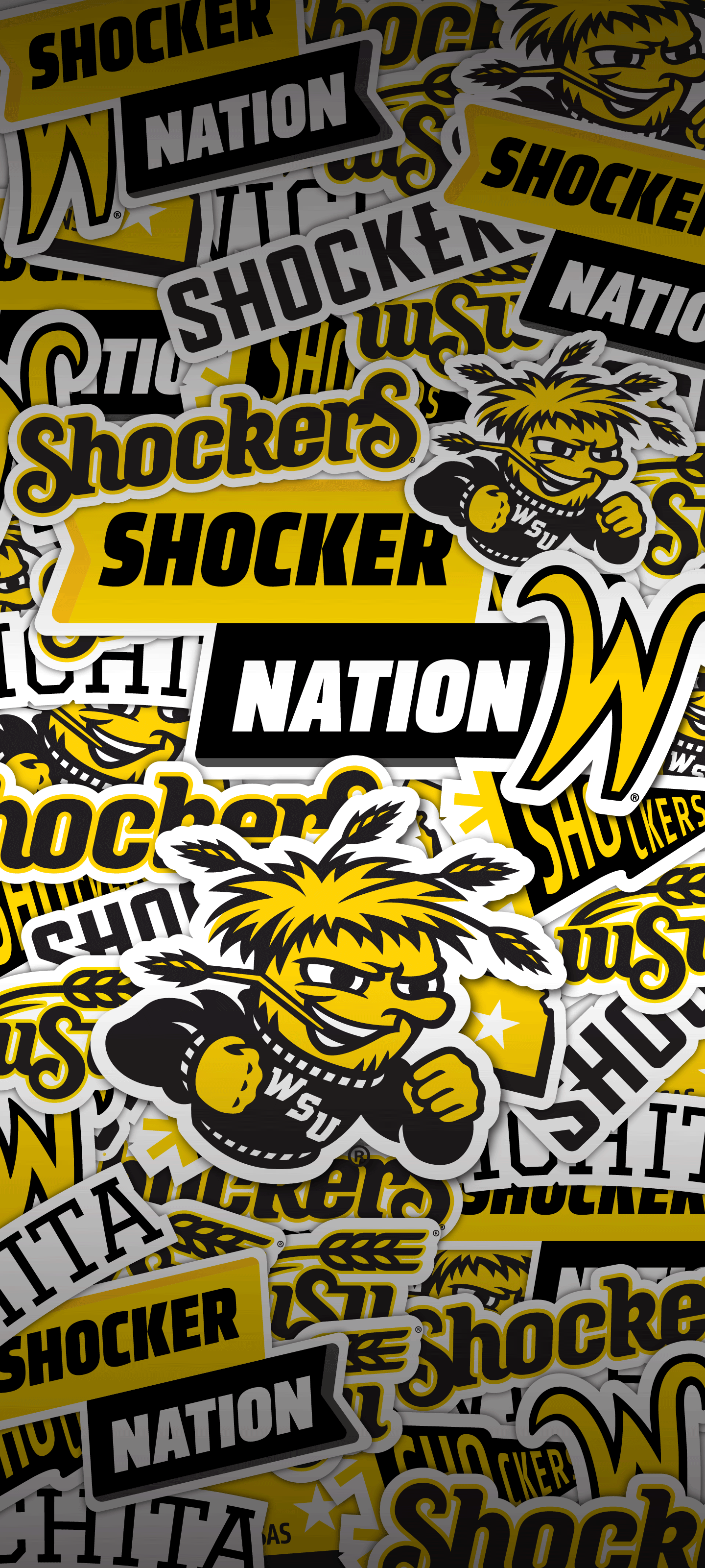 Phone wallpaper featuring WuShock on a layered sticker effect background in black, yellow and white.