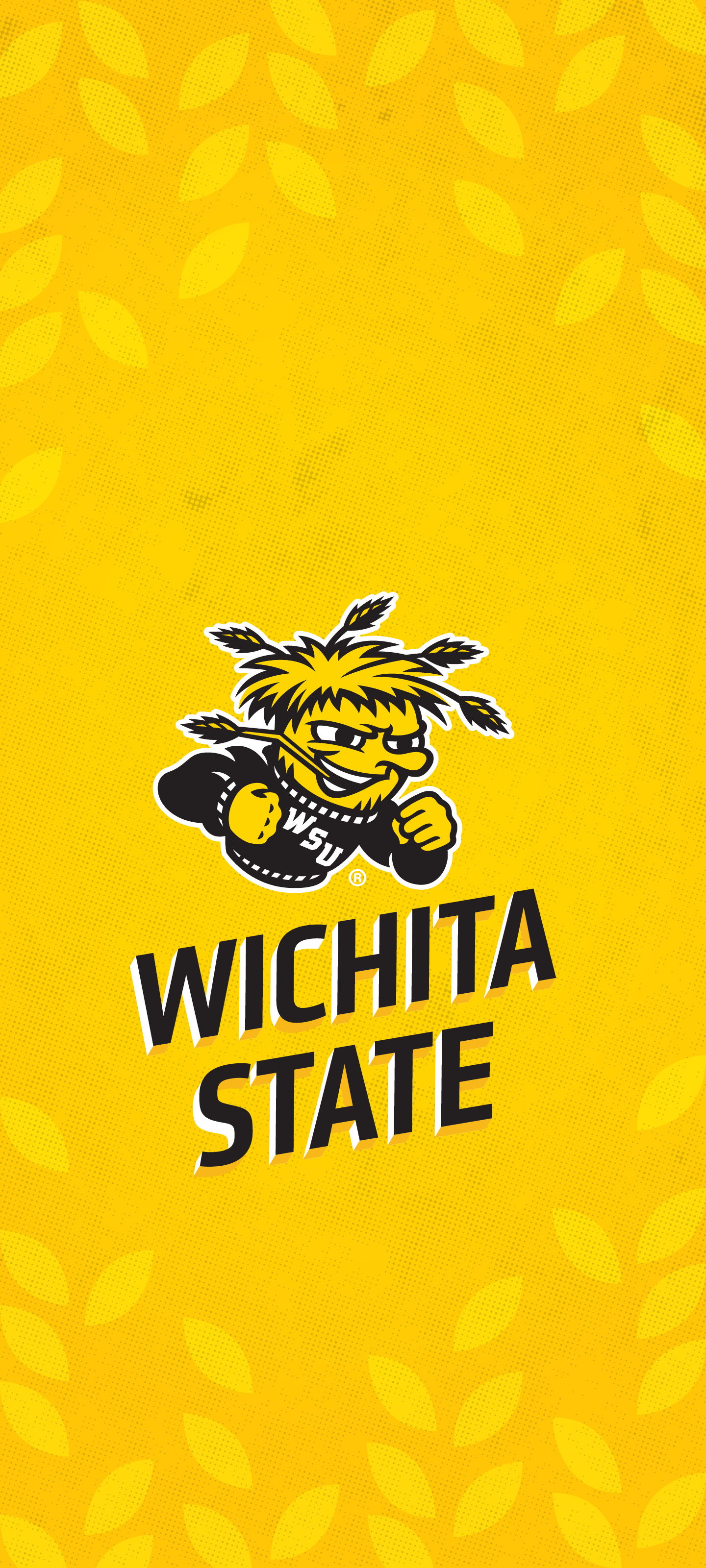 Phone wallpaper featuring WuShock on a yellow wheat background with the words: Wichita State.