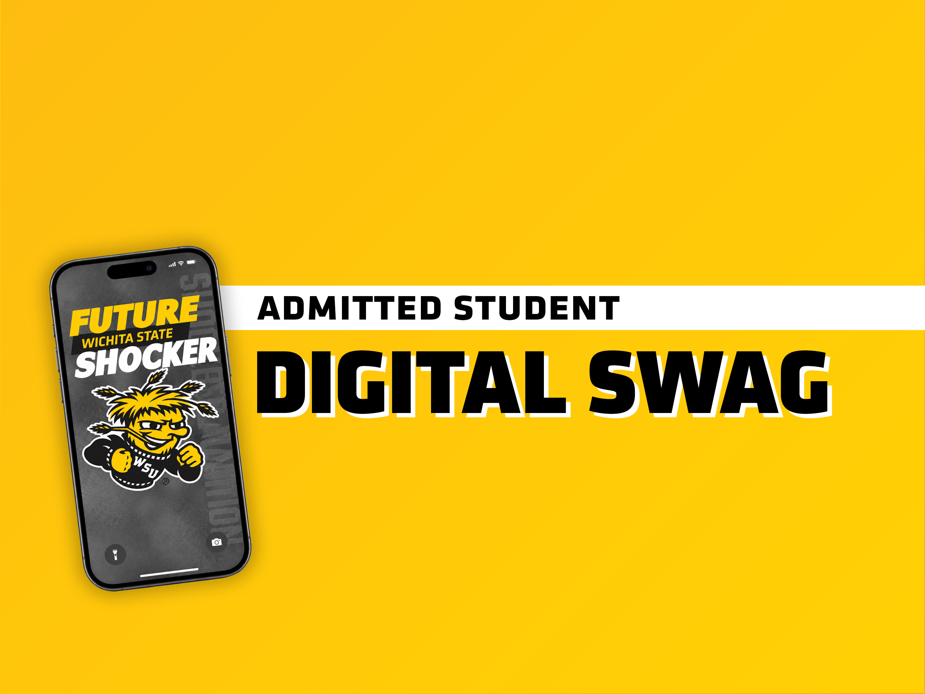 A graphic with a yellow background with the words "Admitted Student Digital Swag."