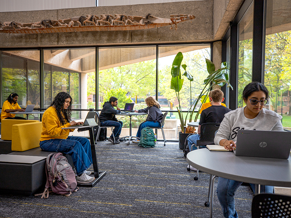 Students studying on the main floor of Ablah Library.