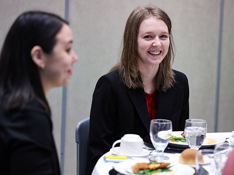 Abby Otten, 2021 DSI finalist, chats with Anna Dixon, left, Wichita State High School Recruitment Manager, during callbacks.