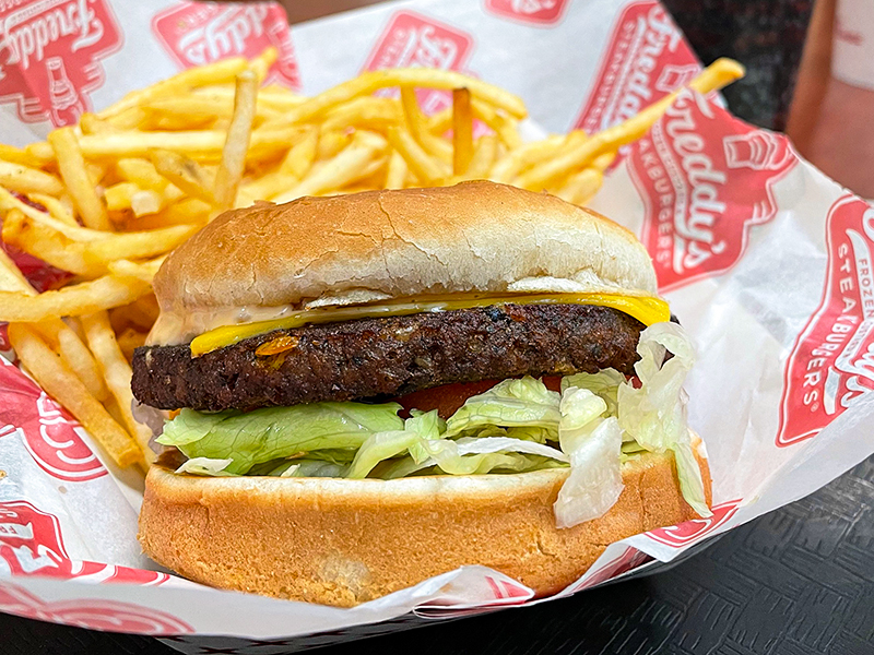 Freddy's black bean veggie burger with fries.