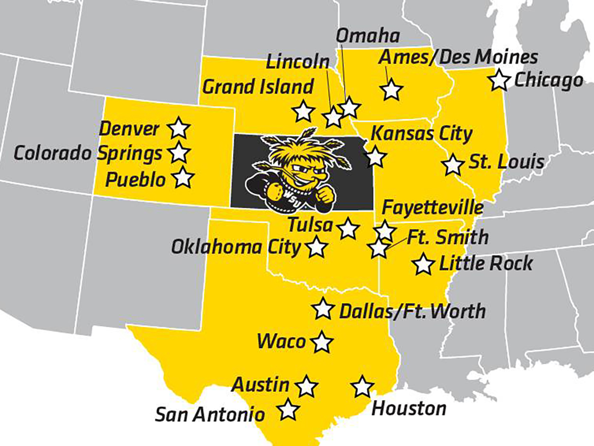 A  map of the Midwest highlighting Shocker City discounts.
