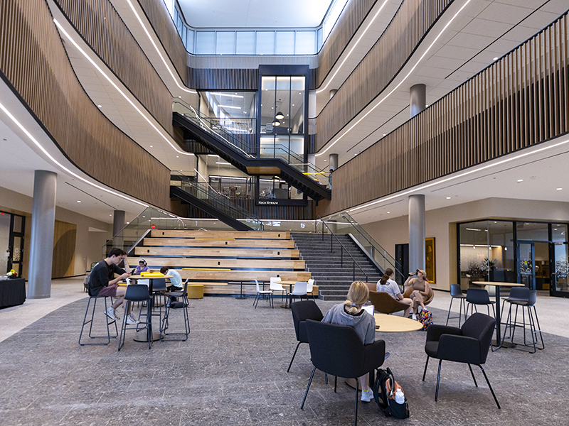 Students study in the Woolsey Hall atrium.