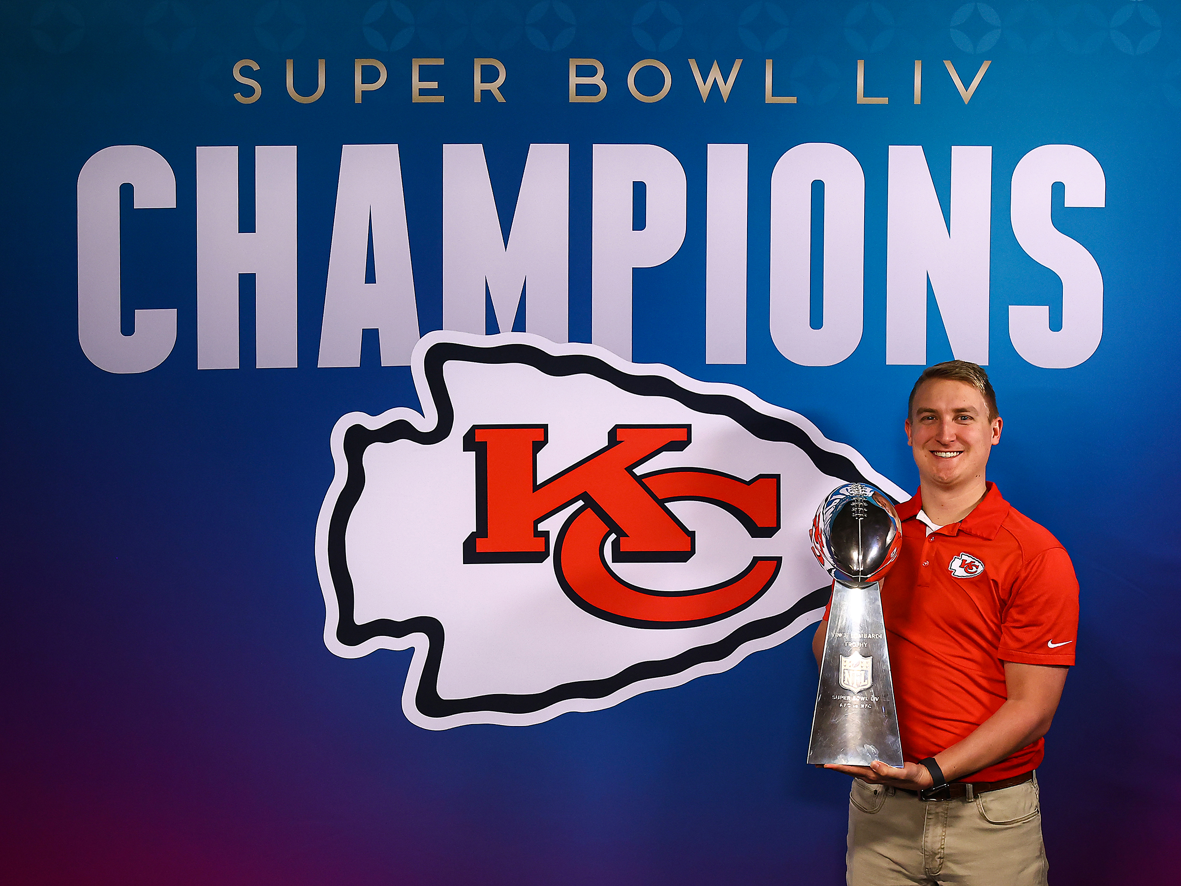 David Bronson, Wichita State alumnus, holds the Super Bowl LIV Lombardi Trophy.