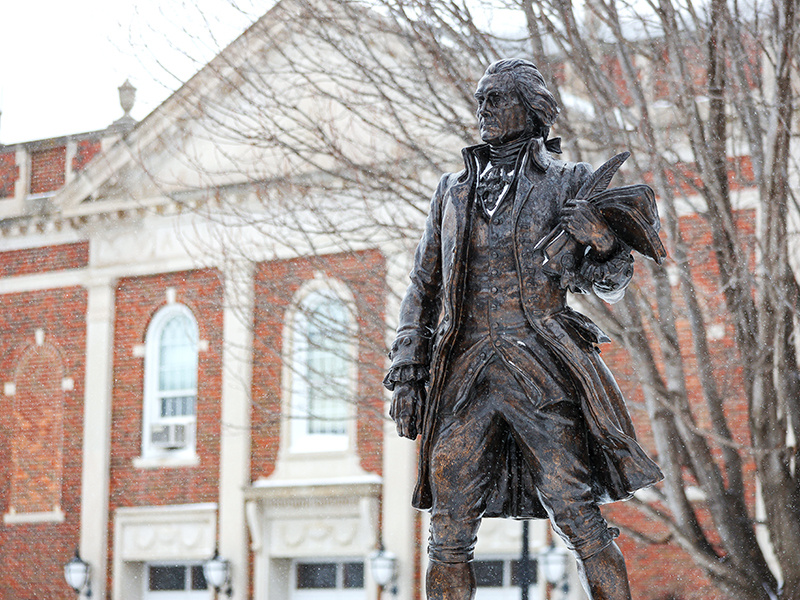 Thomas Jefferson statue during a snowy day at Wichita State.