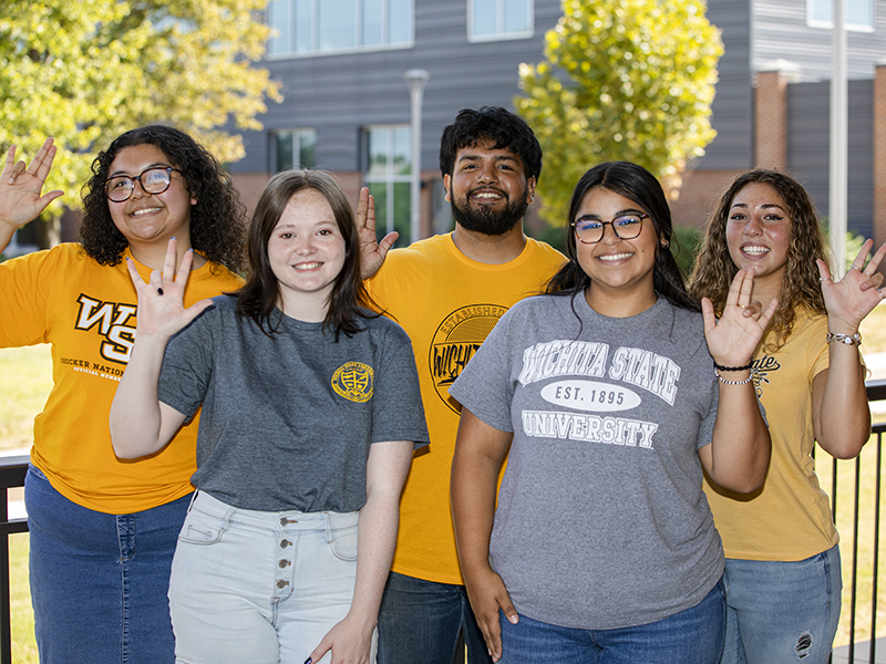Wichita State University Fall 2023 Transfer Guides (front row, left to right): Grace Bowman, Nataleigh Holguin; (back row): Guadalupe Torres, Yovani Cruz and Kiah Hopkins.