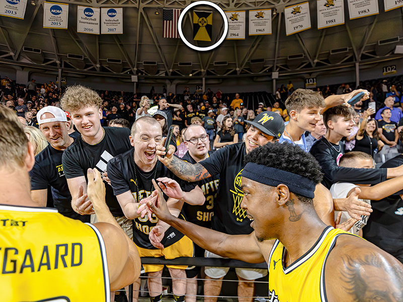 The Wichita flag with Shocker colors hangs at Charles Koch Arena during an Aftershocks game at The Basketball Tournament.