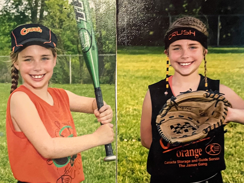 Kaylan playing softball at ages 5 and 6.