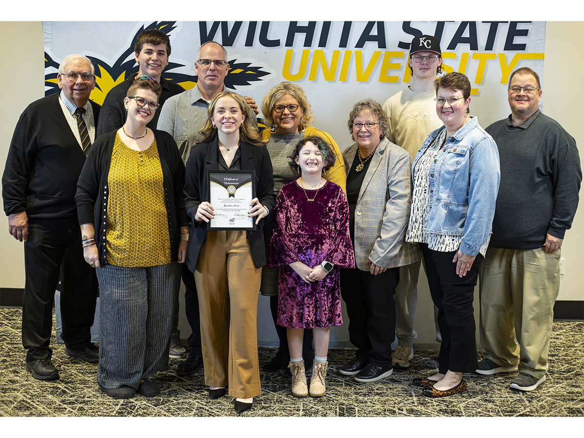 Karaline Scott and her family during the 2024 Gore Scholar press conference at Wichita State University.