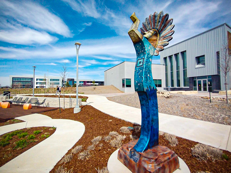 One of two Keeper of the Plains sculptures on campus.