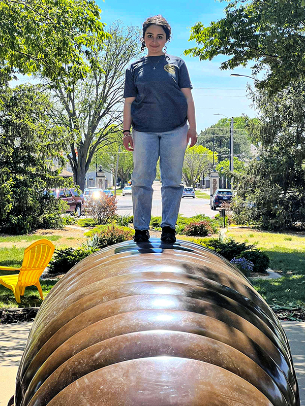 We have a very fun art part of campus! There are over 80 sculptures on campus. This sculpture is a millipede, nicknamed Millie!