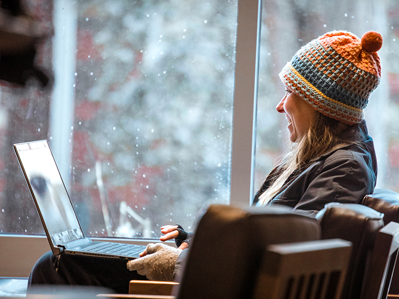 Wichita State staff in Ablah Library during the winter.