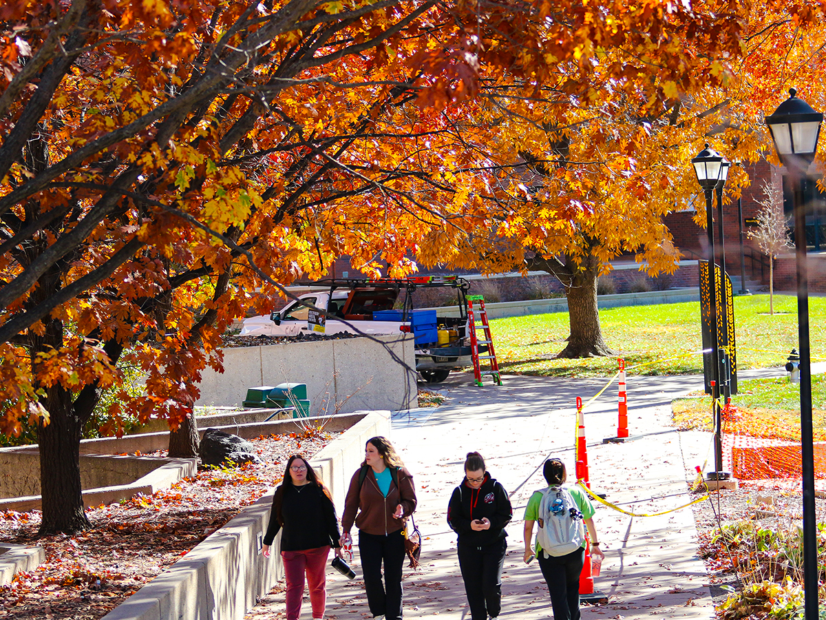 Students walk to class near Ablah Library. Bright views can been seen all around campus - even when there's construction.