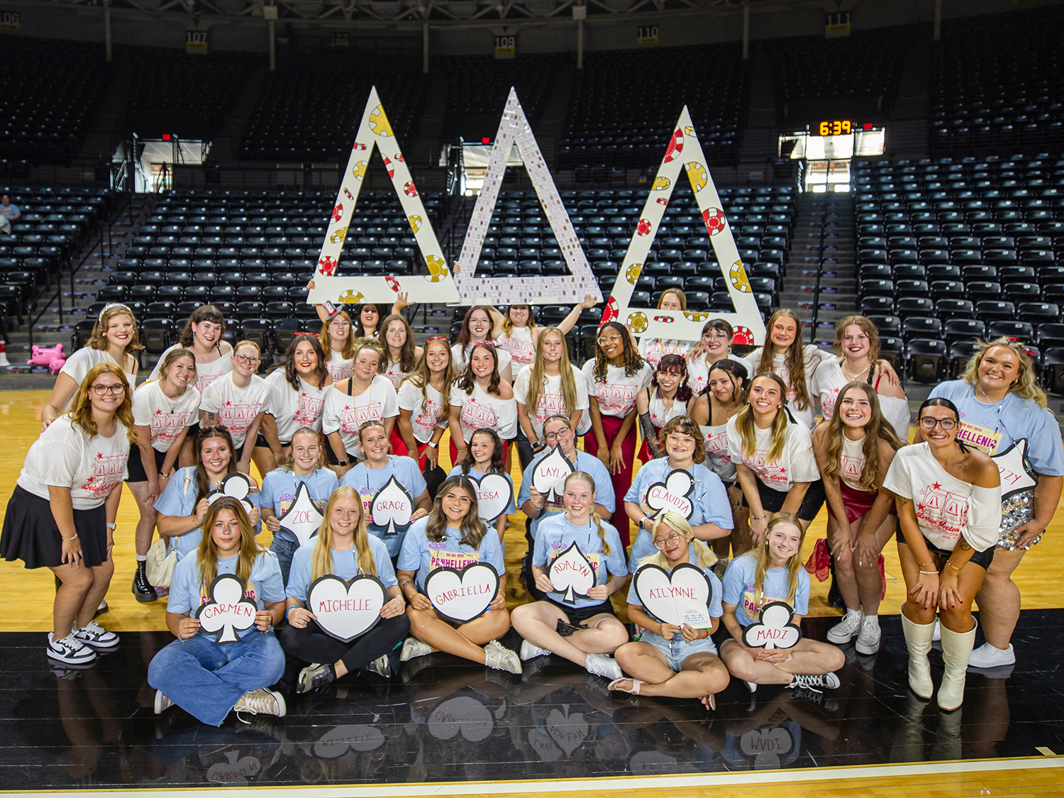 Wichita State's Tri Delta chapter during 2025 Bid Day in Charles Koch Arena.