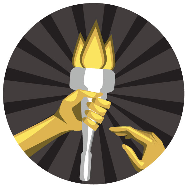 Badge graphic depicting a hand passing a torch to another hand