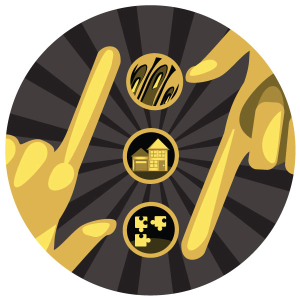 Badge graphic depicting two fingers pointing out three icons for creativity, community and research