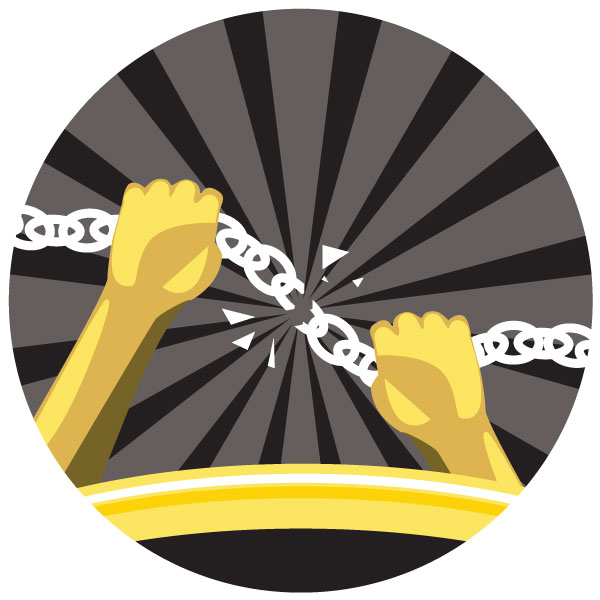 Badge graphic depicting two hands breaking a chain