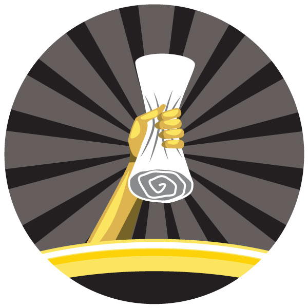 Badge graphic depicting a hand grasping a scroll of paper