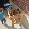 A child looks at pine cones outside.