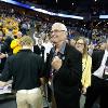 Dr. Bardo fist pumps following WSU's 2015 NCAA Tournament win over the University of Kansas.