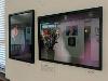 Other pieces of art are reflected in the glass of two frames photographs of flowers. 