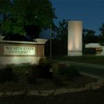 Memorial 70 monument on Wichita State's campus pictured at night