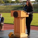 Courtney Marshall speaks at a podium