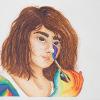 Colored pencil drawing of a girl painting her face rainbow colors.