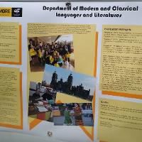 Poster presentations included information about research and creative activity, grant procurement, awards and publications. Representatives from each area answered  questions about their department.