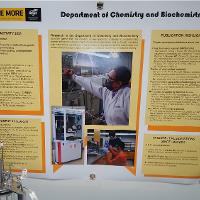 Poster presentations included information about research and creative activity, grant procurement, awards and publications. Representatives from each area answered  questions about their department.