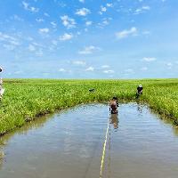 Krista Ward, Justin Oettle, and Ethan Oltean measuring the length of a stream pool at Youngmeyer Ranch in 2021.