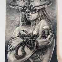 A drawing of a woman who has her arms full carrying snakes and an egg in her right hand. A moth cover most of the woman's face. The woman is nude, but very little of her body is visible.