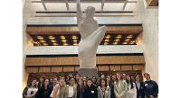 Wichita State LEAD students visited the Kansas Supreme Court to hear oral arguments. Shockers joined their LEAD cohorts from Kansas State and the University of Kansas in the Hall of Justice. The three-story atrium features the sculpture, Justice, by Bernard Frazier. It portrays a woman reaching skyward to release a Prairie Falcon. 