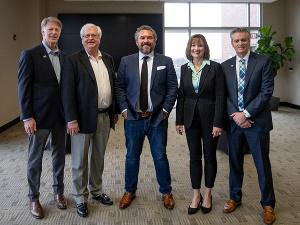 Cody Keenan poses with VIPs prior to the Barton Speaker Series event. From right: WSU First Gentleman Rick Case; Speaker Series sponsor Craig Barton; Keenan, WSU Foundation and Alumni Engagement President Elizabeth King; and WSU President Rick Muma.