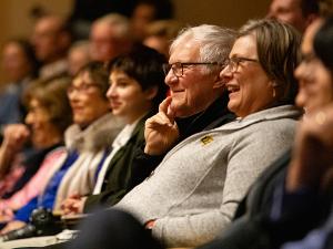 The audience responds to a quip during a Barton Speaker Series event featuring Cody Keenan