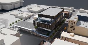 A rendering showing an aerial view of the first phase building viewed from the Northwest.