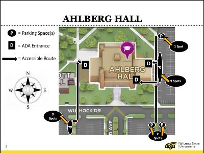 Campus map showing ADA parking and accessible route to Ahlberg Hall