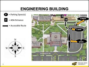Campus Map Image of the Engineering Building showing ADA parking and accessible route. 