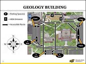 Campus map of ADA parking and accessible route. 