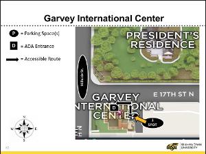 Campus Map of ADA Parking and Accessible Route to Garvey Center.