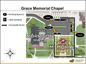 Campus Map of ADA parking and accessible route for Grace Memorial Chapel.