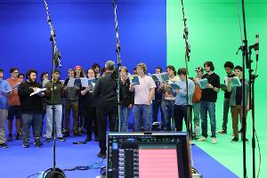 Audio production students record the men's Shocker Choir for class.