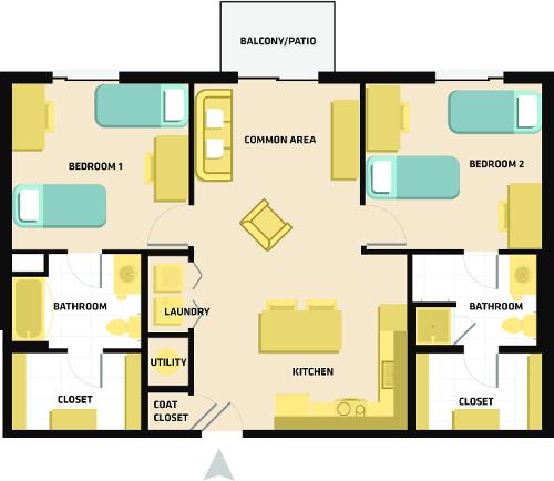 Double rooms within the apartment consist of two Twin Extra Long beds, two desks with chairs, and a dresser.