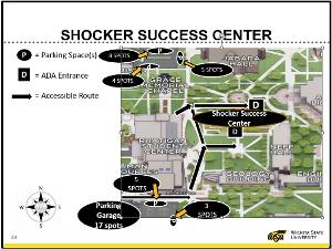 Map showing ADA-compliant parking in the near vicinity of Shocker Success Center. 