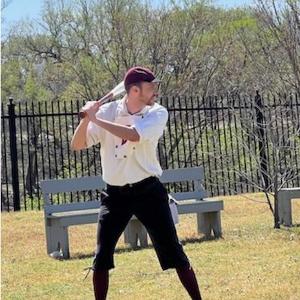 Derek Landwehr ’16/19 playing vintage baseball  at Old Cowtown Museum.
