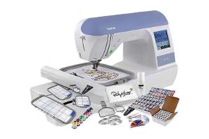 Embroidery-only unit (5"×7" field); used for patches, monograms, garment panels, bags on typical embroidery fabrics/stabilizers.