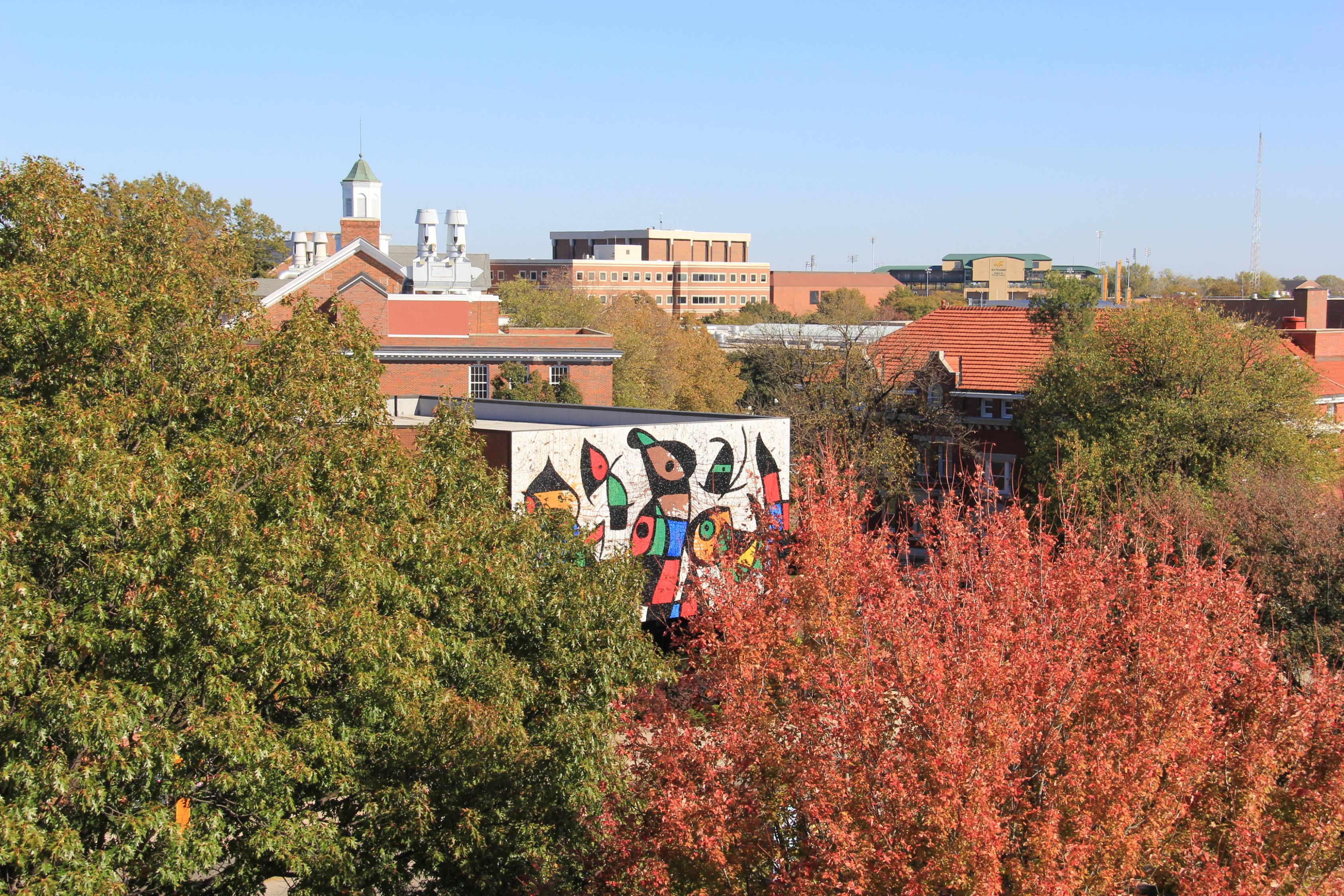North view of campus in fall. 
